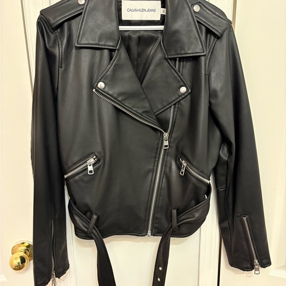 Calvin Klein Jeans Black Leather Biker Jacket - Picture 3 of 6